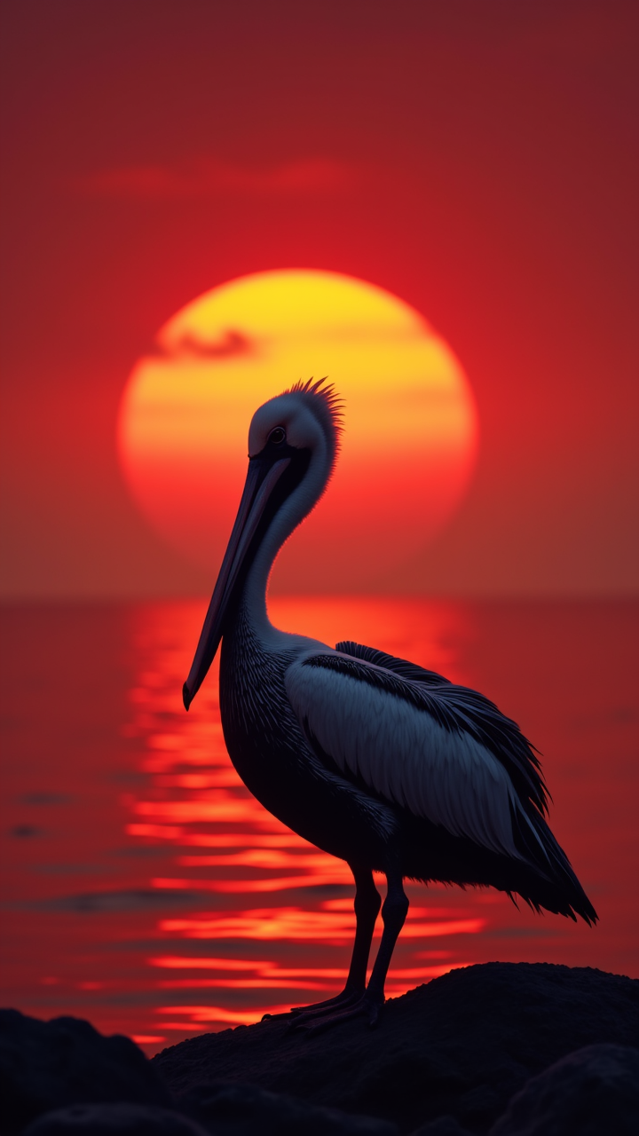 Pelican, at Sunset, shallow depth of field, blocky, deep red Onion pattern, aidmamj6.1