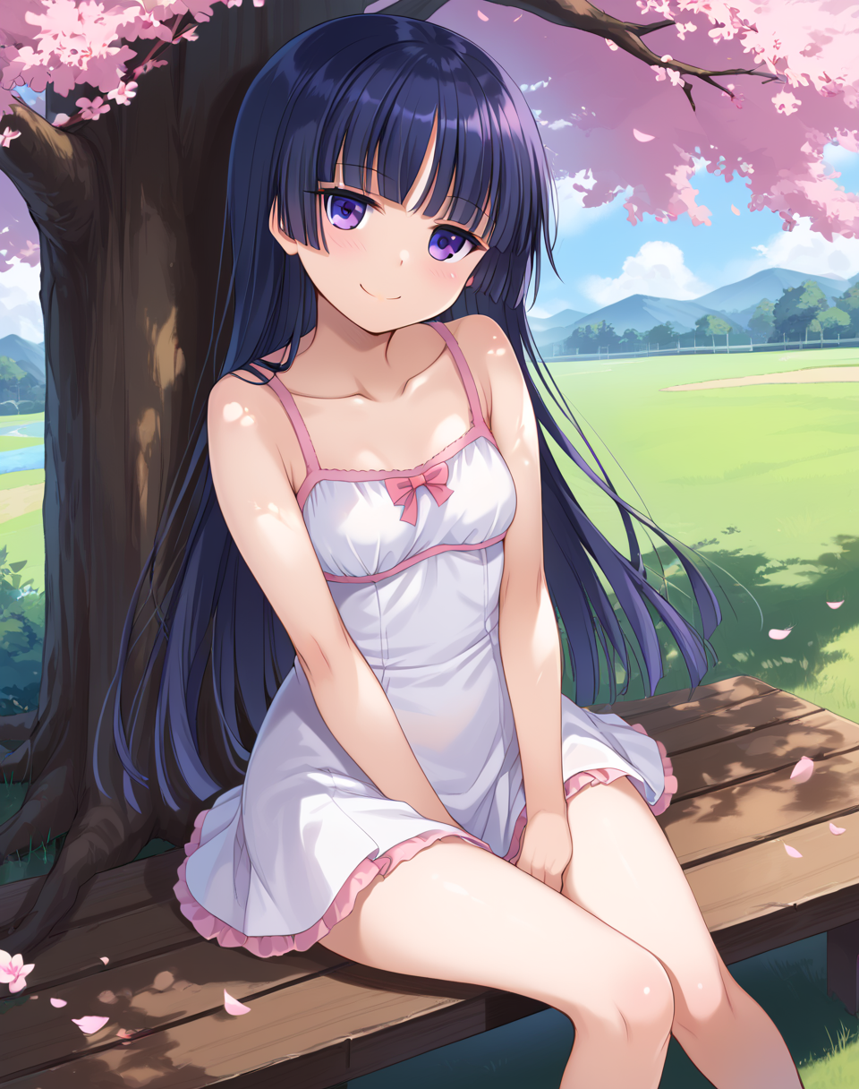 ruri_gokou, black hair, long hair, purple eyes, small breasts,  petite body, sundress BREAK outdoors, park, cherry blossom trees BREAK tilt head, happy smile, hands on lap, wariza, sitting,  happy face, sitting under a tree, looking at viewer BREAK score_9, score_8_up, score_7_up, source_anime ,zPDXL,  <lora:Ruri_Gokou:0.8>