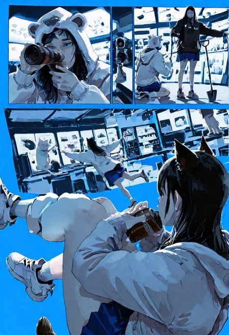 (dark black and white and blue background:1.1), black and blue and white theme, dynamic lighting, backlighting, realistic,
oversized hoody, hood on, cat ears, white cat tails, black hair, long hair, short skirt, blue skirt, black and white sneakers, white socks ,posing for the camera, standing, jumping, floating, hands up, shovel,
sitting, (2girls), (drinking coffee, bottle of coffee, long hair, machine vender, cafe, (manga, multiple panels, comic,) bear focus, legs focus, face focus, perfect eyes,
manga magazine cover,