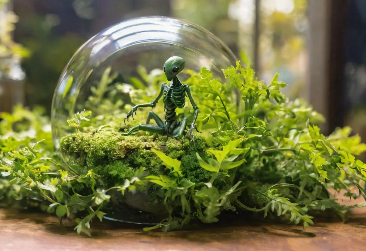 Macro photograph of a glass terrarium sitting on a desk in a home office, terrarium contains a micro civilization living in the dense foliage, micro human-like species, lush green foliage, many visible micro creatures, alien, not from earth, elemental earth creatures, multiple creatures, elemental