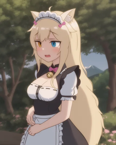 coconut-maid, 1girl, cat girl, bell, solo, long hair, jingle bell, animal ears, neck bell, heterochromia, (mountains, forest, outdoors:1.0)