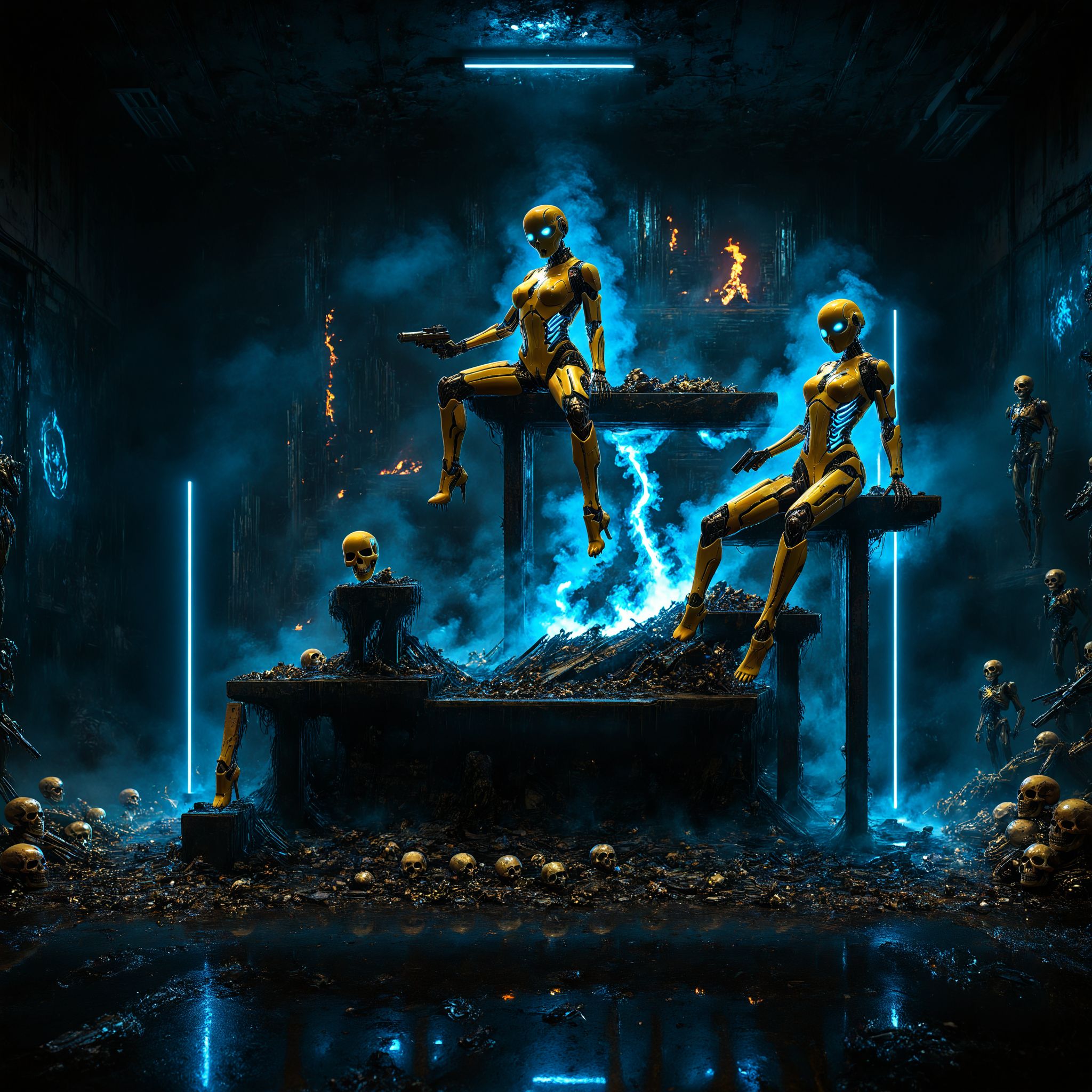 girls, cyborg, woman, biorobot, yellow, metall flake, costume, glittering, futuristic, golden outfit, sitting on the pile of skulls, skull under right leg, scifi post-apocalyptic theme, scratches, dents, rusty, shabby, heavy used outfit, black visor, sniper, rifle, right hand point to the viewer, blood splats, burnings in the room, traces of fire, in a neon cyber city, colorful, high contrast lighting, symmetric shot, smooth contours and sharp lines, sci-fi element, 3d rendering , atmospheric, best quality, sharp focus, high contrast, stylized, dark, clear, surreal, ultra quality, 8k, best quality, masterpiece, midjourneyv6.1, detailmaximizer <lora:MidjourneyV6.1:1> <lora:d\EnvyZoomSliderXL01:-3> <lora:add-detail-xl:1> <lora:SDXL_Breast Size Slider:0.5> <lora:Realism_Lora_By_Stable_yogi_SDXL8.1:1.2>  <lora:Mechanism-pdxl-1:0.1> <lora:cinematic color motion picture film style:0.9>  <lora:aidmaImageUpgraderSDXL-v0.3:0.4> <lora:S1_Dramatic_Lighting_v3:0.55> <lora:zy_Realism_Enhancer_v1:0.6>  <lora:SDXLFaeTastic2400:0.1> <lora:SDXLHighDetail_v6:0.3> <lora:SDXL_dark:0.45>