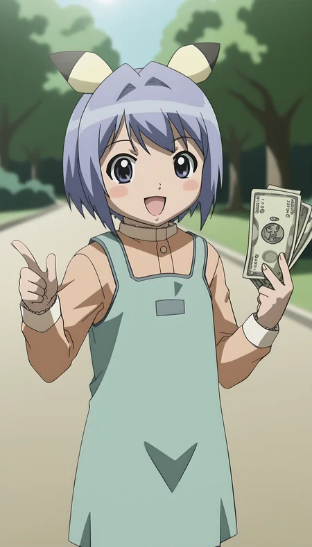 score_9, source_anime BREAK, oldest, anime screencap, outdoors, school yard, day, sunlight, <lora:Fuyuno Yoshikawa(pony)-11:1>FuyunoYoshikawa, short hair, blue hair, animal ears, pikachu, hair ornament, hair intakes,
pinafore dress, aqua dress, shirt, light orange shirt, long sleeves, collared shirt, chibi, looking at money, pose, dollar bill, holding, holding money, ((tucked money )), happy, :d, banknote,