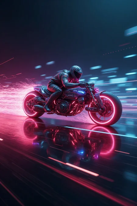 Digital art, Tron lightcycle racing with the speed of light, a trail of intense light follows the speeding cycle, image evokes the sensation of speed, frozen movement, insane intricate detail, award winning art, raytracing, 8k, hdr, masterpiece, highly detailed, vibrant colors, minimalist, glitch aesthetic, supersymmetry