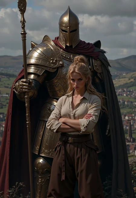 Create a dramatic and atmospheric image of a knight in full, gleaming armor standing protectively behind a woman. The knight’s armor is intricately detailed, with polished steel reflecting the soft light of the surroundings, and a long cape draped over one shoulder, flowing gently in the breeze. His stance is strong and resolute, with one hand resting on the hilt of a massive sword planted firmly into the ground.
In front of him stands a woman in casual attire, exuding confidence and seriousness. She wears a simple yet stylish outfit—a fitted, off-white linen shirt tucked into high-waisted, dark brown trousers, with a leather belt cinching her waist. Her sleeves are rolled up to her elbows, and her arms are crossed firmly over her chest, emphasizing her strong, composed demeanor. Her expression is intense, her eyes locked directly on the viewer with a piercing, almost challenging gaze. Her hair is tied back in a loose, practical bun, with a few strands framing her face.
The background is a misty, medieval landscape—rolling hills, distant mountains, and a cloudy, moody sky. The scene is lit with a soft, diffused light, casting long shadows and adding depth to the composition. The contrast between the knight’s imposing, armored figure and the woman’s casual yet powerful presence creates a striking dynamic, evoking a sense of mystery, strength, and unspoken resolve