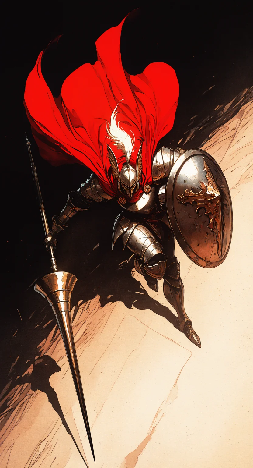 masterpiece, best quality, good quality, very aesthetic, absurdres, newest, armor, asymmetrical dual wielding, buckler, cape, dual wielding, full armor, full body, helmet, holding, holding polearm, holding shield, holding weapon, knight, lance, plume, polearm, red cape, shield, weapon, white armor, winged helmetï¼ Attack,
dynamic pose,
dynamic angle, retro_artstyle, retro,
FF Style <lora:ponyv6_noobV1_2_adamW-000017:0.7> <lora:USNR_STYLE_XL_lokr:0.5> <lora:MinimalColorSketchIllustriousV1:0.3> <lora:retro_scifi_artstyle_illustriousXL-000021:0.6>