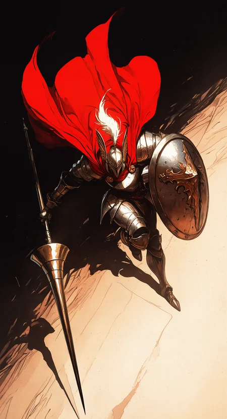 masterpiece, best quality, good quality, very aesthetic, absurdres, newest, armor, asymmetrical dual wielding, buckler, cape, dual wielding, full armor, full body, helmet, holding, holding polearm, holding shield, holding weapon, knight, lance, plume, polearm, red cape, shield, weapon, white armor, winged helmetï¼ Attack,
dynamic pose,
dynamic angle, retro_artstyle, retro,
FF Style <lora:ponyv6_noobV1_2_adamW-000017:0.7> <lora:USNR_STYLE_XL_lokr:0.5> <lora:MinimalColorSketchIllustriousV1:0.3> <lora:retro_scifi_artstyle_illustriousXL-000021:0.6>