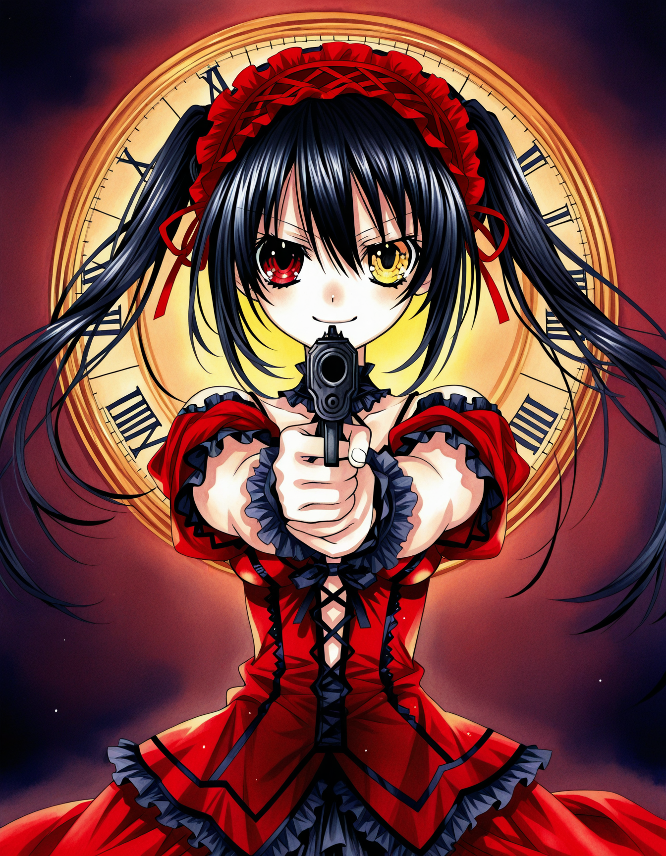 1girl,<lora:ribbon_style> ,watercolor \(medium\),
 tokisaki_kurumi,date a live, red_dress,,clock background, dim lighting, ,holding gun ,straight-on, naughty face, ,heterochromia, red eye ,yellow eye,backlighting, 
black hair,twintails,
red hairband,aiming,