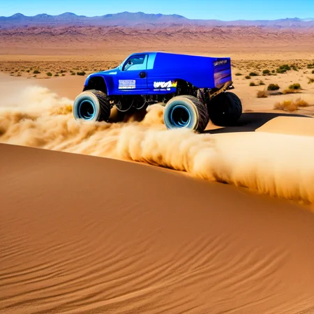 photo (truckplans:1) a blue monster truck driving across a desert field <lora:djzTruckPlans_LoraBooth:1>