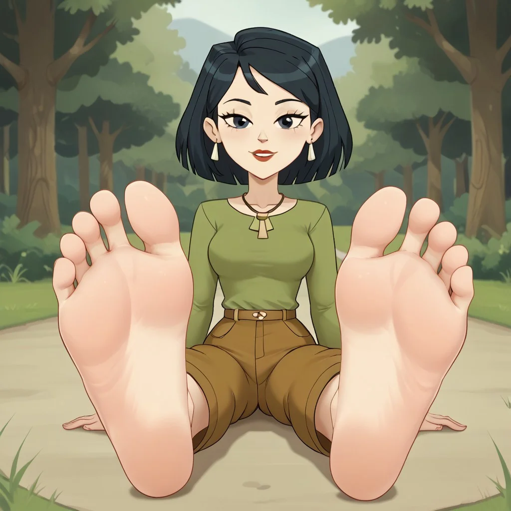score_9, score_8_up, BREAK, (masterpiece:1.4), (best quality:1.2), solo, perfect anatomy, accurate anatomy, perfect feet, perfect soles, PONYXL_WaifuFeetPics_ownwaifu, solo, black hair, black eyes, red lips, lipstick, earrings, necklace, olive green shirt, long sleeves, brown pants, breasts, Heathers_Mother_(Total_Drama), cute, sexy pose, self portrait, smile, outdoors, sunlight, shadows, evening lighting, natural lighting, forest, trees, grass, orange sky, sunset, (((sitting, barefoot, foot focus, feet, soles)))