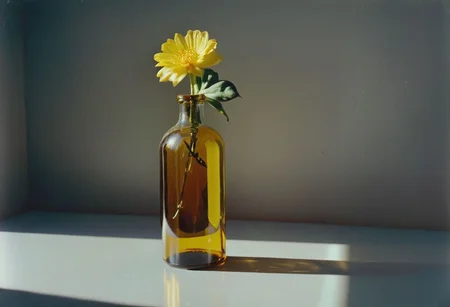 zenit_kodak_gold, instagram photo,a bottle with a flower, hard shadows, film grain