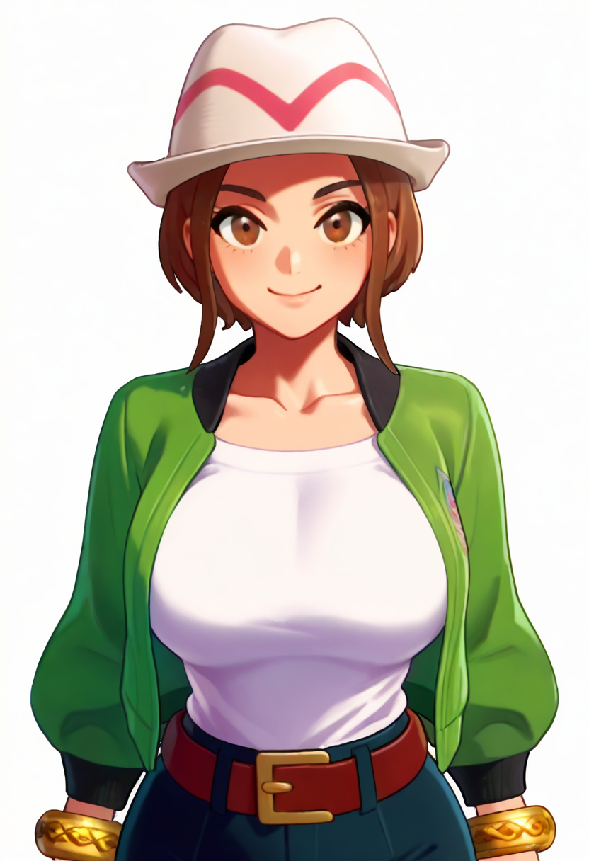 masterpiece, best quality, solo, curvy, beautiful eyes,  zzMC, brown eyes, brown hair, short hair, medium hair,  white headwear, green jacket, long sleeves, open jacket, white shirt, collarbone, pants, bracelet, belt buckle,  , <lora:ProtagonistFPokemonZA_IXL_v1:1.0>,, smile, looking at viewer, cowboy shot,  <lora:IckpotIXL_v1:1.0>,