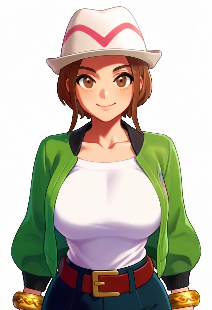 masterpiece, best quality, solo, curvy, beautiful eyes, zzMC, brown eyes, brown hair, short hair, medium hair, white headwear, green jacket, long sleeves, open jacket, white shirt, collarbone, pants, bracelet, belt buckle, , <lora:ProtagonistFPokemonZA_IXL_v1:1.0>,, smile, looking at viewer, cowboy shot, <lora:IckpotIXL_v1:1.0>,