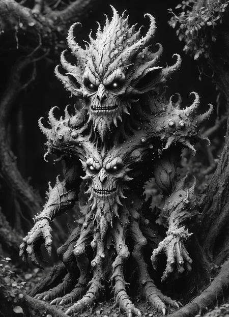 DonMD4t4D3ns1tyXL spriggan, small grotesque creature, mischievous malicious demeanor, distorted exaggerated features, gnarled twisted appearance, guarding burial mounds, cunning , dot art, data density, monochrome <lora:DonMD4t4D3ns1tyXL-000008:1>