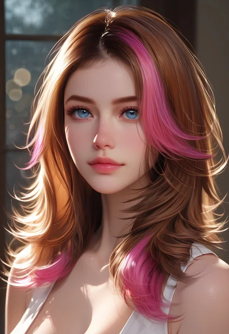 score_9, score_8_up, score_7_up, realistic, raw lighting, detailed, (warm colors, bokeh), score_9, score_8_up, score_7_up, realistic, raw lighting, detailed, (warm colors, bokeh), 18 year old,
(brown hair with pink highlights wavy hair) (blue_eyes),mcvalensia, portrait, <lora:mcvalensia:1>