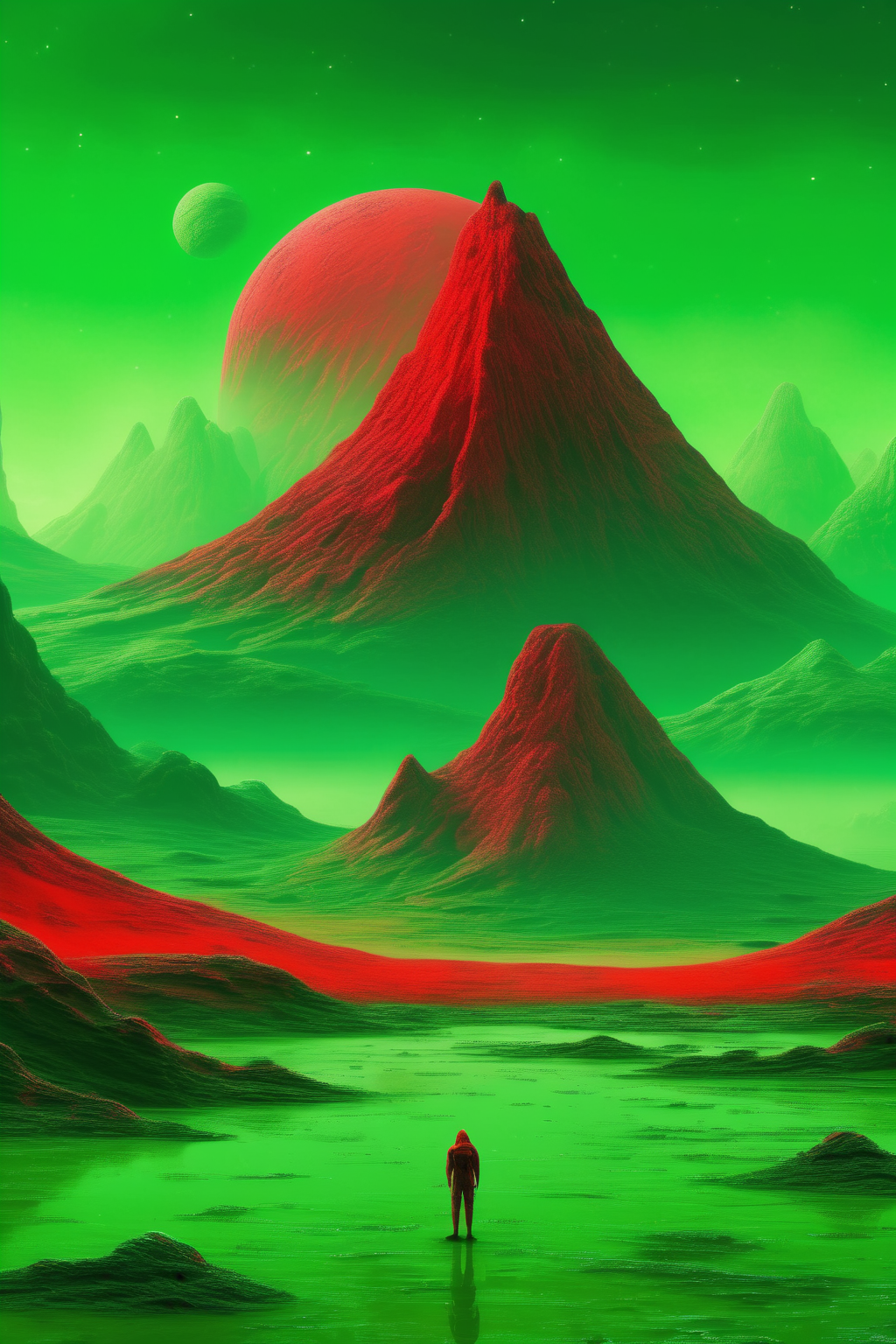 <lora:Christopher Balaskas Style:1>Christopher Balaskas Style - a red mountain on a green hazy alien world in the style of Christopher Balaskas