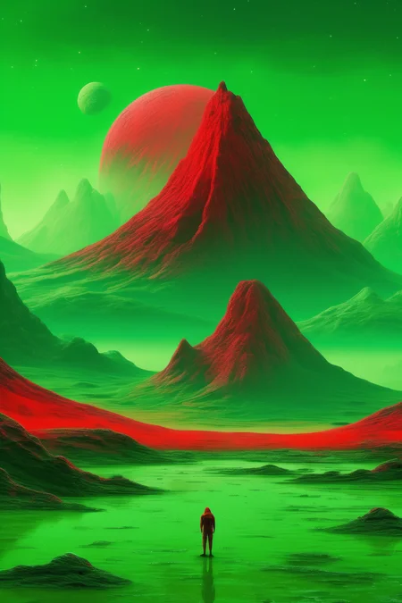 <lora:Christopher Balaskas Style:1>Christopher Balaskas Style - a red mountain on a green hazy alien world in the style of Christopher Balaskas