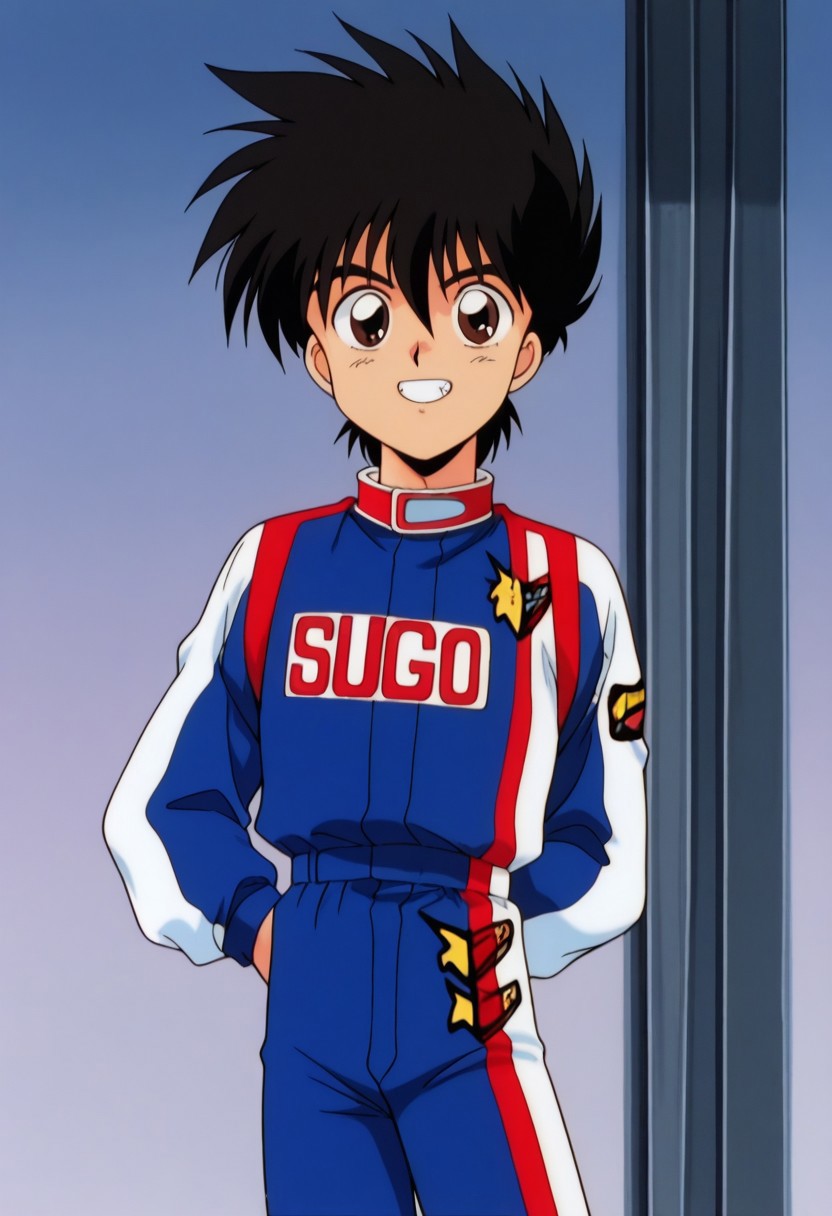 masterpiece,best quality,amazing quality, source_anime, retro artstyle,
hayatokazami, 1boy, male focus, solo, brown eyes, black hair, racing suit, jumpsuit, blue jumpsuit, multicolored jumpsuit, smile, grin,