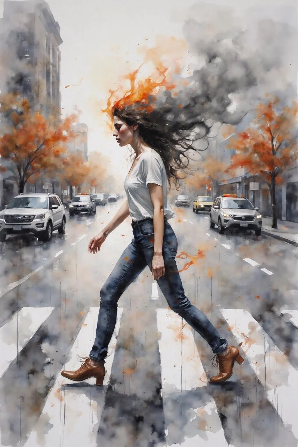 yawc1 watercolor.
Fantasy artwork. Profile of a woman with long black hair walking across the street at zebra crossing. Her hair is on fire, with black Smoke coming out of her head. <lora:yawcolor_nocap_d4a2:1.0><lora:798384263981657997:0>