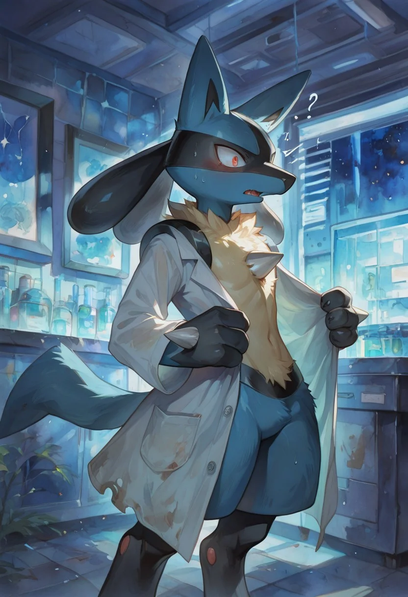 solo, male, male focus. (luc4r10, pokemon (creature)), watercolor \(medium\), traditional media, red eyes, chest spike, fur, tail, lean body, lucario, fluffy fur, pretty, (flat-chested), dense fur, Laboratory room, night, ripped lab coat, confused face, Sweat, panic, shocked face, checking self, BREAK, highres, masterpiece, best quality, amazing quality, very awa, absurd res, newest, very aesthetic, year 2024, absolutely eye-catching, intricate details, digital-quality, detailed background, perfect anatomy, detailed face, detailed eyes