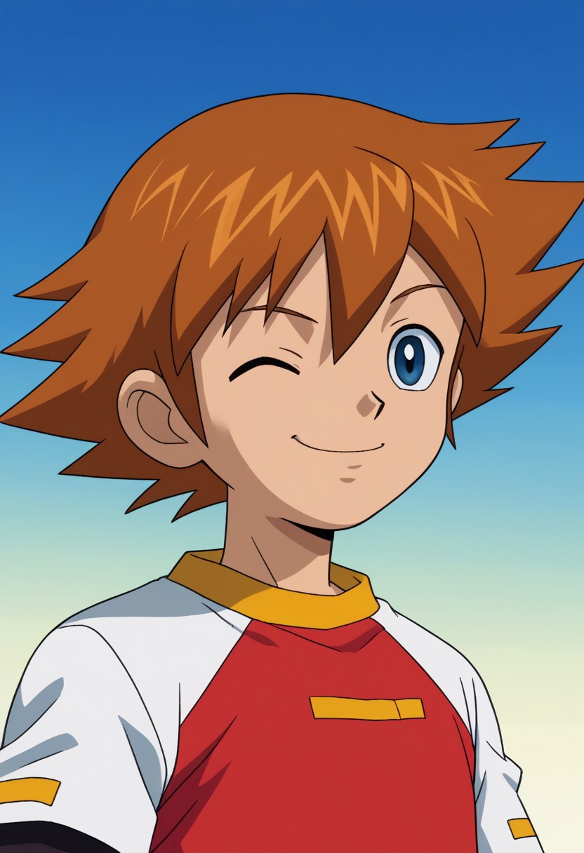 score_9, score_7_up, source_anime
chrisdyke, 1boy, male focus, solo, blue eyes, brown hair, short hair, spiked hair, hair beyween eyes, shirt, raglan sleeves, multicolored shirt, red and white shirt, long sleeves, layered sleeves, short over long sleeves, black sleeves, smile, one eye closed, portrait
outdoor, sky,
