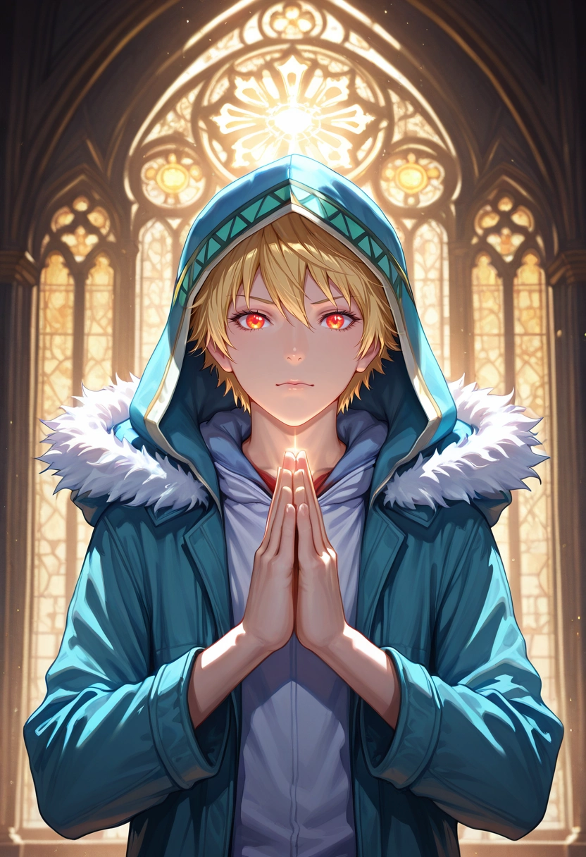 masterpiece, best quality, , semi-realistic, , 1boy, solo, male focus, <lora:yukine_noragami_ilxl:0.98>, yukine_noragami, blonde hair, red eyes, orange eyes, hood, fur trim, hat, luminous cathedral, glowing windows, radiant halls, misty pews, praying pose, solemn expression, prismatic light,