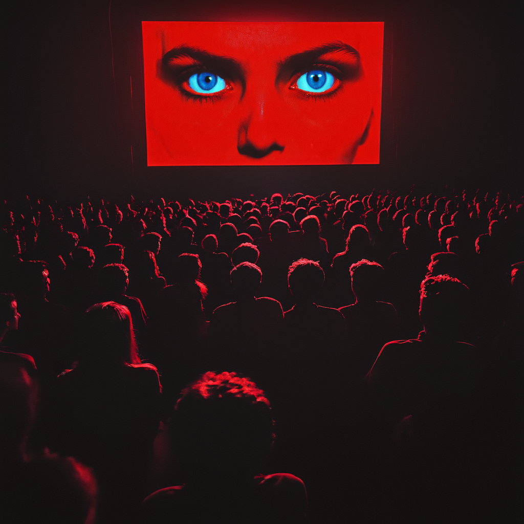 <lora:SurrealHorrorMovieSDXL:1> Surreal Retro Horror movie Still, The image shows a crowd of people watching a movie on a large screen illuminated by bright lights. At the top of the screen we can see the eyes of the people in the audience., crowd, 6+boys, eye focus, red theme, multiple girls, multiple boys, silhouette, 6+others, 1girl, 6+girls