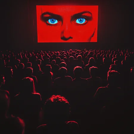<lora:SurrealHorrorMovieSDXL:1> Surreal Retro Horror movie Still, The image shows a crowd of people watching a movie on a large screen illuminated by bright lights. At the top of the screen we can see the eyes of the people in the audience., crowd, 6+boys, eye focus, red theme, multiple girls, multiple boys, silhouette, 6+others, 1girl, 6+girls