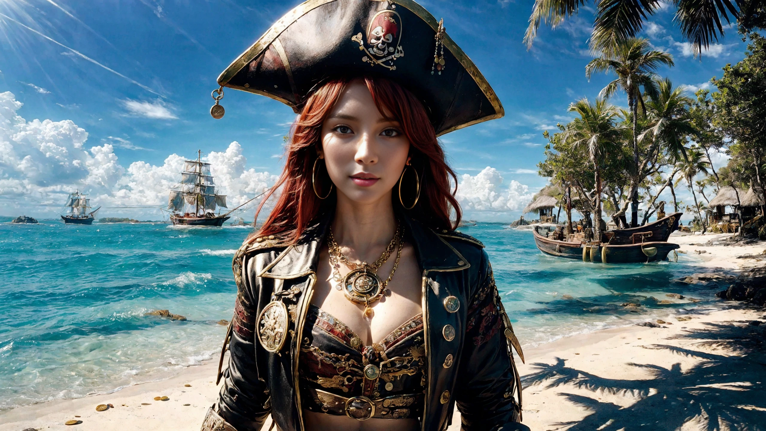 (young redhead pirate woman), (portrait), sharp focus, (ultradetailed), (standing), (happy) smile, pirate (ship galleon:1.2,  hoop earrings, gold medallion, Spring Greenpirate clothes, pirate hat, hips, (pirate parrot:1.2),  pirate (village), leafy beach coast, (treasure chest with coins, gems and jewels:1.2), rum barrel, best quality masterpiece,  bright sunny sky, backlight, natural lights, high contrast, hdr, shadows, pretty, beautiful, feminine, sexy, adorable, lovely, in love, (PirateDiffusionprt:0.5),  <lora:Pirate:0.3>  PrateT  <lora:PirateRealms:0.3> <lora:Detail Tweaker LoRA add_detail:0.8> <lora:depth_of_field_slider_v1:5> <lora:SDXLrender_v2.0:0.9>