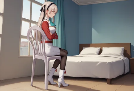 score_9, score_8_up, score_7_up, source_anime, wide shot, indoors, hotel, hotel room,
BREAK plastic chair, sitting, full-length portrait, <lora:PlasticChair_XLPD-000006:1>, leaning, 1girl, <lora:elie-pdxl-nvwls-v1:1> zeroElie, black hairband, hair ribbon, long hair, ascot, uniform, long red sleeves, white dress, pencil skirt, belt, black pantyhose, white boots, floor, from side, crossed arms,
BREAK bed,