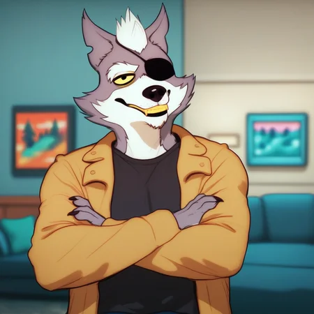 score_9_up, score_8_up, score_7_up, high quality, detailed, source_furry, male, solo male, 1boy, Wolfgang Seamus, broad shoulders, mature male, black eyes, yellow sclera, colored sclera, athletic build, animal ears, wolf, scruffy, anthro, anthro male, gray fur, eyepatch on left eye, yellow teeth, grinning, smug, looking at viewer, arms crossed, bust shot, half-body shot, living room, indoors, black shirt, tan jacket, blue jeans