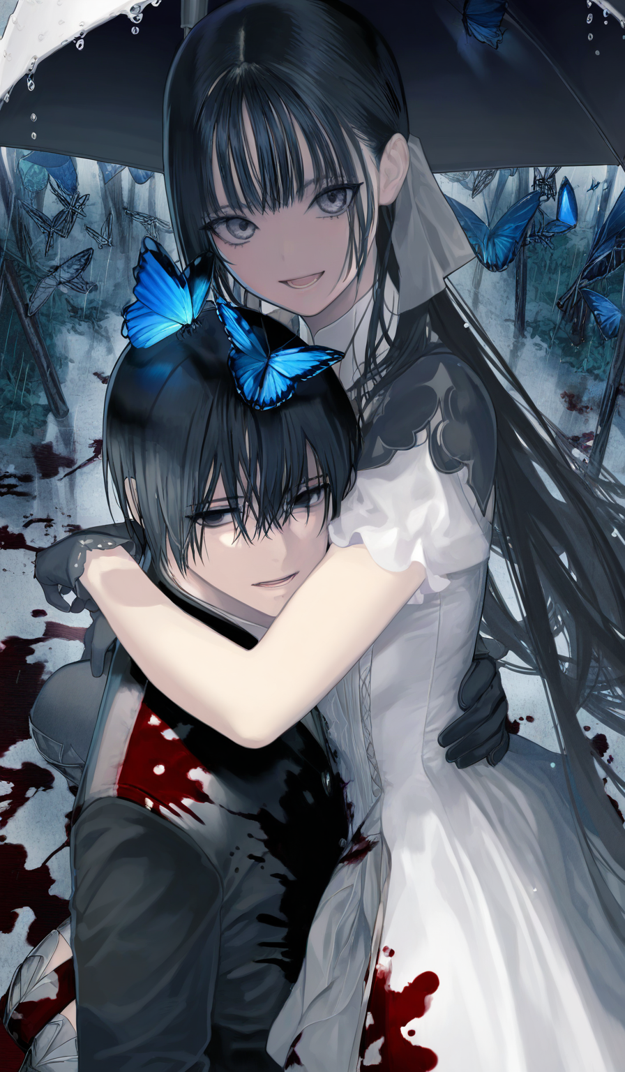<lora:éµé£¼æ²æ¨¹-Style-000060:1>,highres,absurdres,newest,very awa,masterpiece,best quality,year 2024,
(upper body:1.6),
bug,butterfly,black hair,1girl,1boy,long hair,thighhighs,blood,looking at viewer,white dress,dress,umbrella,sitting,short sleeves,gloves,open mouth,boots,carrying,blood on clothes,smile,grey eyes,blue butterfly,black eyes,pants,holding,short hair,