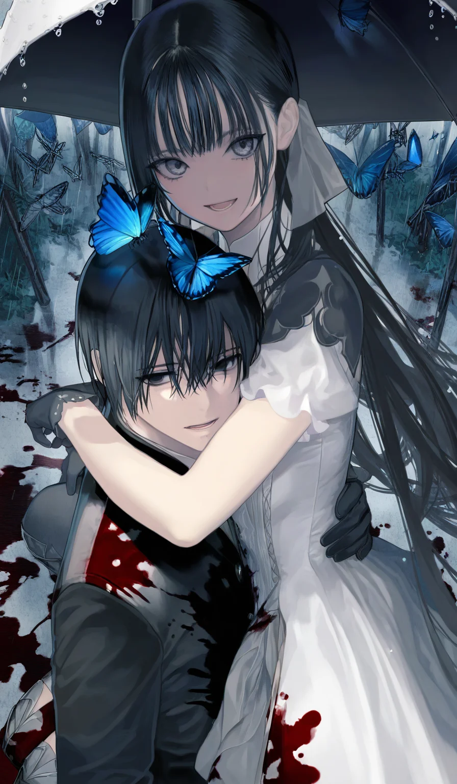 <lora:éµé£¼æ²æ¨¹-Style-000060:1>,highres,absurdres,newest,very awa,masterpiece,best quality,year 2024,
(upper body:1.6),
bug,butterfly,black hair,1girl,1boy,long hair,thighhighs,blood,looking at viewer,white dress,dress,umbrella,sitting,short sleeves,gloves,open mouth,boots,carrying,blood on clothes,smile,grey eyes,blue butterfly,black eyes,pants,holding,short hair,