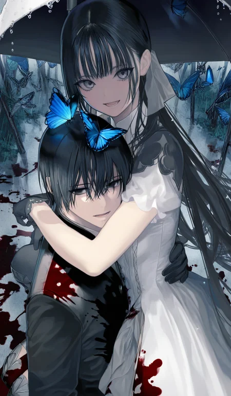 <lora:éµé£¼æ²æ¨¹-Style-000060:1>,highres,absurdres,newest,very awa,masterpiece,best quality,year 2024,
(upper body:1.6),
bug,butterfly,black hair,1girl,1boy,long hair,thighhighs,blood,looking at viewer,white dress,dress,umbrella,sitting,short sleeves,gloves,open mouth,boots,carrying,blood on clothes,smile,grey eyes,blue butterfly,black eyes,pants,holding,short hair,