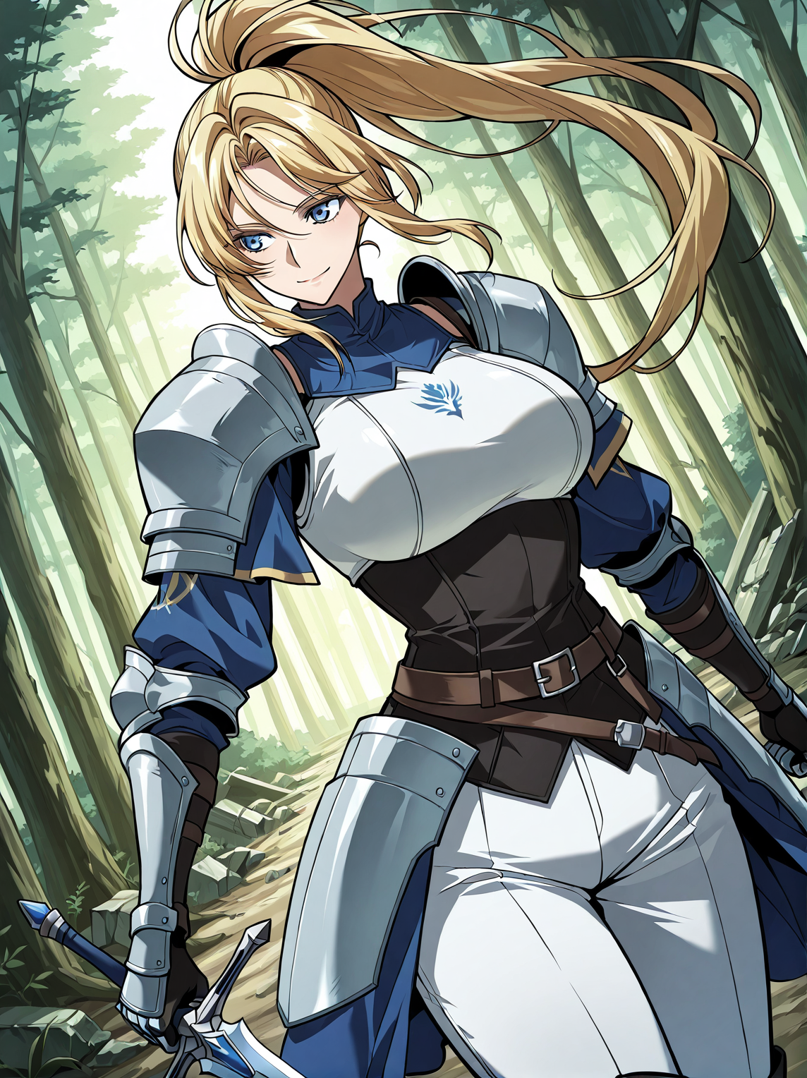 <lora:Kiri_Frodmain Illustrious:1>
1 girl, solo, blue eyes, blonde hair, long hair, ponytail, bangs, large breasts
armor, gauntles, boots, breastplate, belt, shoulder armor, pauldrons, white pants
score_9, score_8_up, score_7_up, very aesthetic, source_anime, detailed, high quality, beautiful, masterpiece, detailed eyes, forest, tree, ruins, cowboy shot, dynamic angle, upper body, light smile, dynamic pose, holding, holding a sword