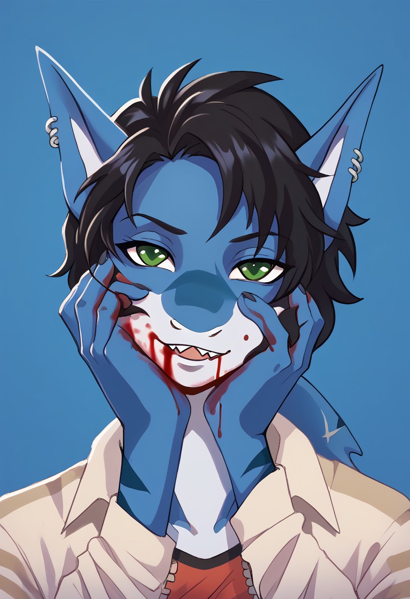 <lora:Scappo_Style_v2_PonyXL:0.8> by scappo, scappo,  score_9, score_8_up, score_7_up,1boy, lunarsunxl,  anthro shark,dark blue skin, stripes on the body, short hair,lush hair,black hair, green eyes, shark tail, ear piercing, BREAK, light jacket, <lora:yandere_trance_v1_pruned:1>, yandere trance, closed mouth, open mouth, head tilt, close-up, <lora:Projekt_Melody_for_PonyXL:1>, blood on face, blood on hands, excessive blood, bark blue background, high resolution, Masterpiece, detailed,Shark teeth,
