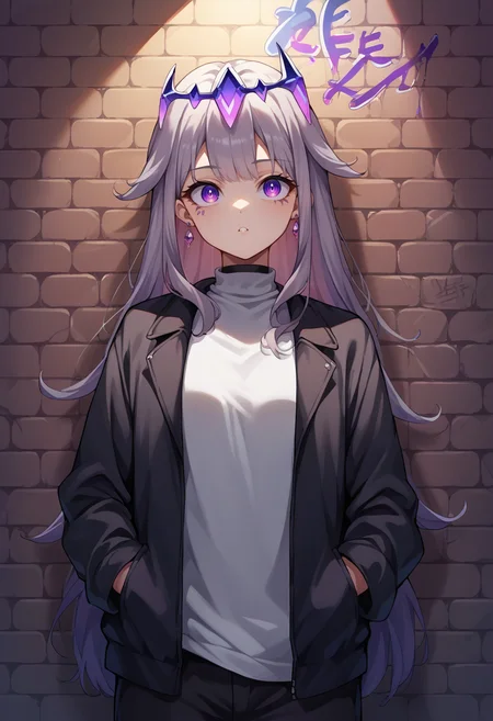 score_9, score_8_up, source_anime, 1girl, solo, KosekiBijou, long hair, hair flaps, floating headpiece, earrings, sharp eyes, choker, neon shirt, open jacket, turtleneck sweater, night, against wall, brick wall, graffiti, dim lighting, alley, looking at viewer, <lora:ChamKosekiBijouPonyXL:1>