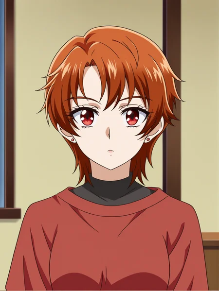 <lora:Natsuki_Rin-Kibou_no_Chikara_Otona_Precure:0.8>,Rin,1girl,short hair,red eyes,earrings,shirt,upper body,looking at viewer,indoors