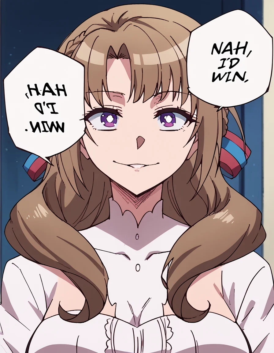 score_9, score_8_up, score_7_up, source_anime, <lora:mamako-oosuki-s1-ponyxl-lora-nochekaiser:1>, mamako oosuki, long hair, brown hair, purple eyes, hair ribbon, braid, bright pupils, french braid, white pupils, large breasts,, <lora:nah-id-win-ponyxl-lora-nochekaiser:1> nah id win, nah i'd win (meme), english text, speech bubble, meme, talking, straight-on, portrait, , ,