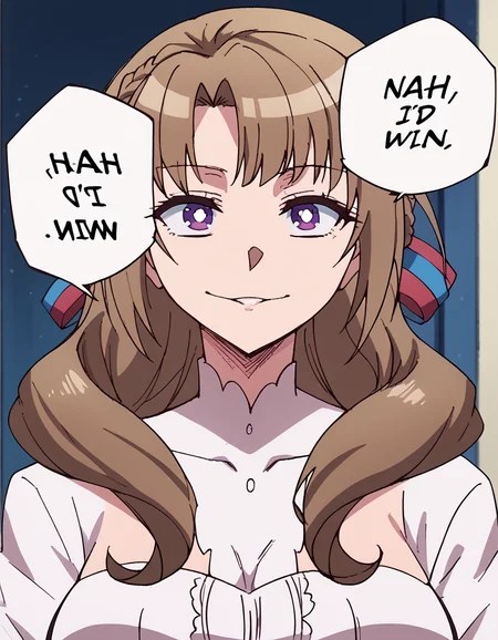 score_9, score_8_up, score_7_up, source_anime, <lora:mamako-oosuki-s1-ponyxl-lora-nochekaiser:1>, mamako oosuki, long hair, brown hair, purple eyes, hair ribbon, braid, bright pupils, french braid, white pupils, large breasts,, <lora:nah-id-win-ponyxl-lora-nochekaiser:1> nah id win, nah i'd win (meme), english text, speech bubble, meme, talking, straight-on, portrait, , ,