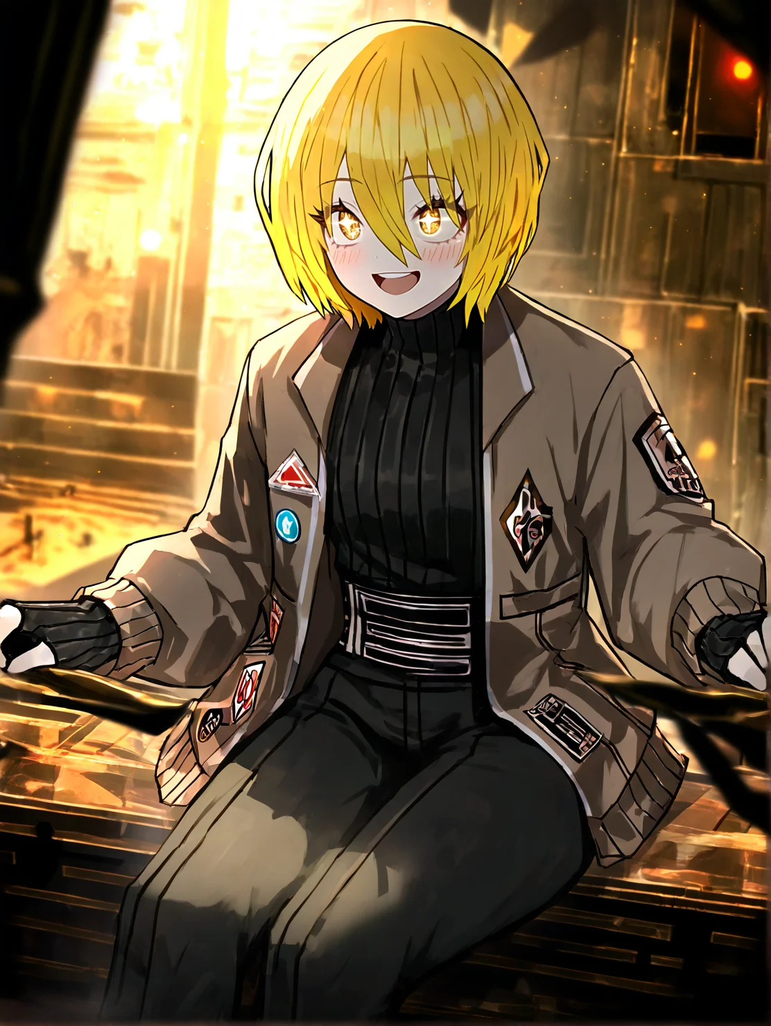 masterpiece,best quality,amazing quality,very aesthetic,absurdres,newest,huge filesize,<lora:limbus92:0.8>,limbusstyle,light brown bomber jacket, ribbed cuffs,sitting, legs stretched out, feet tapping to a rhythm only known to the soul,upper body,project_moon, don quixote (project moon),