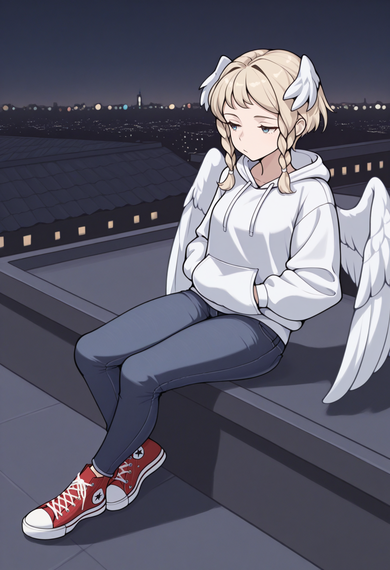 masterpiece, best quality, 1girl, sitting, :/, bored, wide shot, <lora:OchlysUO-illu:1> ochyls, blonde hair, short hair, twin braids, head wings, blue eyes, angel wings, hoodie, long sleeves, hands in pockets, jeans, city lights, rooftop, night, converse