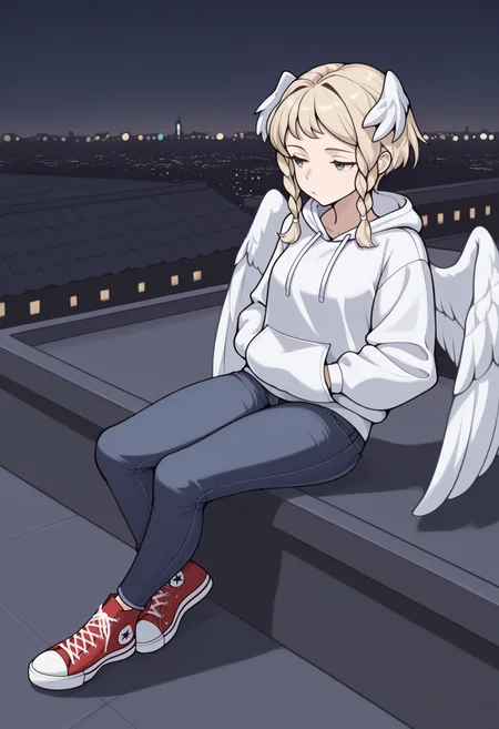 masterpiece, best quality, 1girl, sitting, :/, bored, wide shot, <lora:OchlysUO-illu:1> ochyls, blonde hair, short hair, twin braids, head wings, blue eyes, angel wings, hoodie, long sleeves, hands in pockets, jeans, city lights, rooftop, night, converse