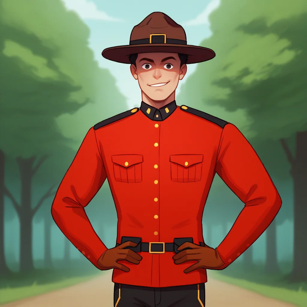 score_9_up, score_8_up, BREAK,  RCMP, 1boy, solo, black hair, short hair, black eyes, hat, uniform, red jacket, brown gloves, pants, cowboy shot, hands on own hips,    <lora:RoyalCanadianMountedPolice_PXL_Leaf1:1>, outdoors, forest,