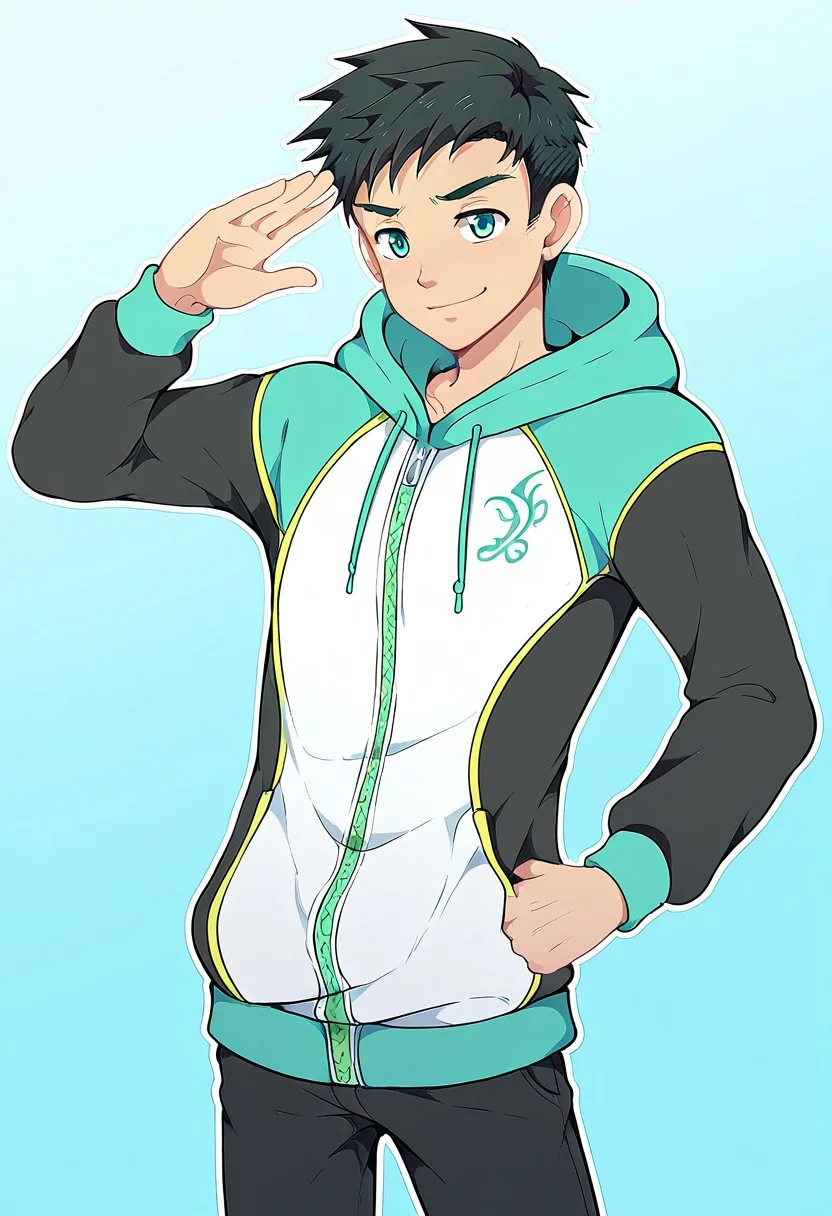 harmard, black hair, short hair, aqua color eyes, 1boy, solo, solo focus, jacket, black pants, young, mikkoukun