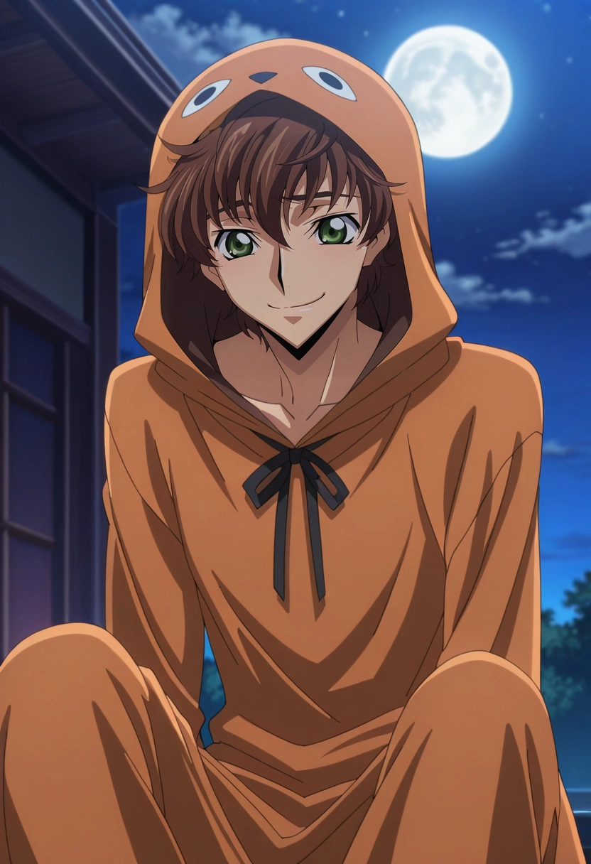 masterpiece, best quality, , anime screencap, , , , 1boy, solo, male focus, <lora:suzaku_kururugi_ilxl:0.94>, suzaku_kururugi, brown hair, green eyes, , asymmetrical, armory, night, full moon, sitting, giggling, convict costume
