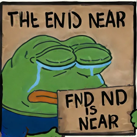Thanos pepe the frog, "The End iS nEaR", sad, holding a sign, simple white background