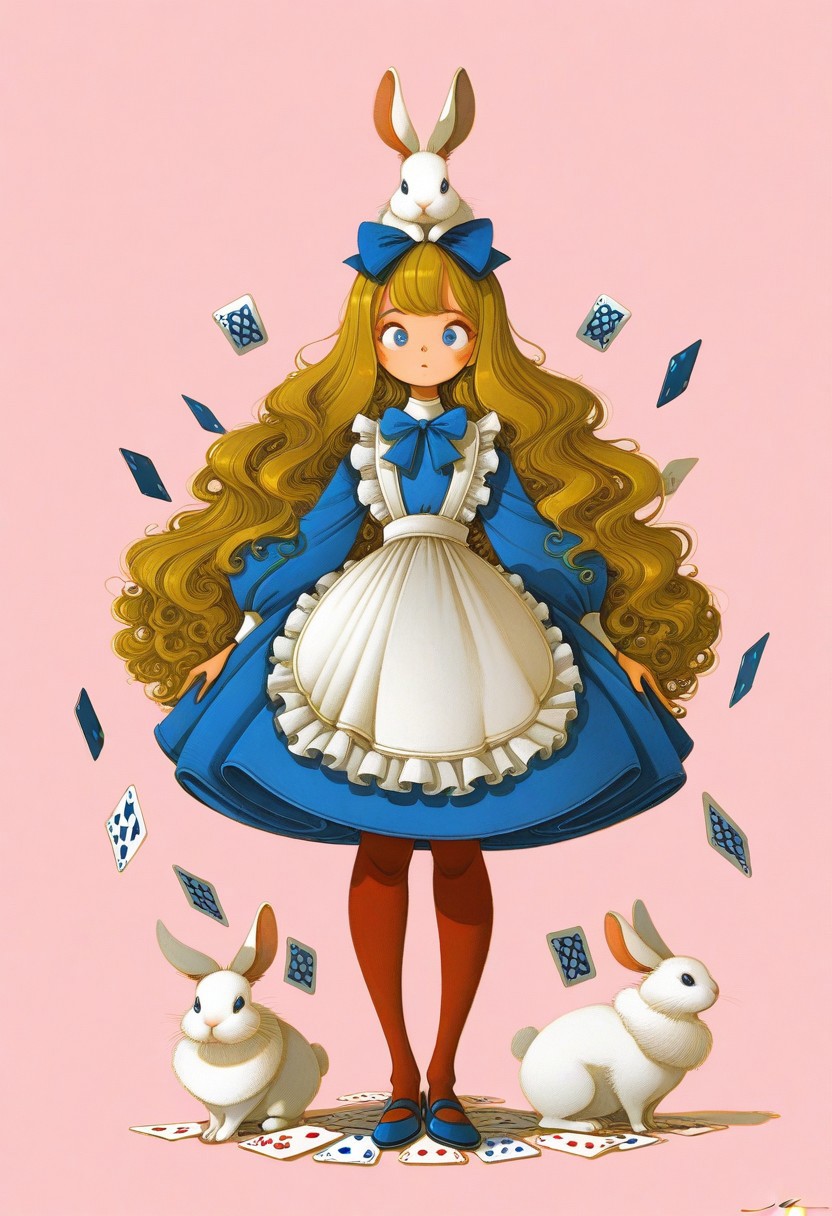 masterpiece, best quality, very aesthetic, absurdres, 
full body, 1girl, fantasy girl, blonde hair, long wavy hair, blue eyes, wearing a blue dress with white apron, big blue bow on head, red tights, blue shoes, holding sides of skirt, surrounded by floating playing cards, whimsical setting, magical atmosphere, standing next to an anthropomorphic white rabbit in a suit, pink background, storybook style, innocent and cute, fantasy art, 
fr-pi-il