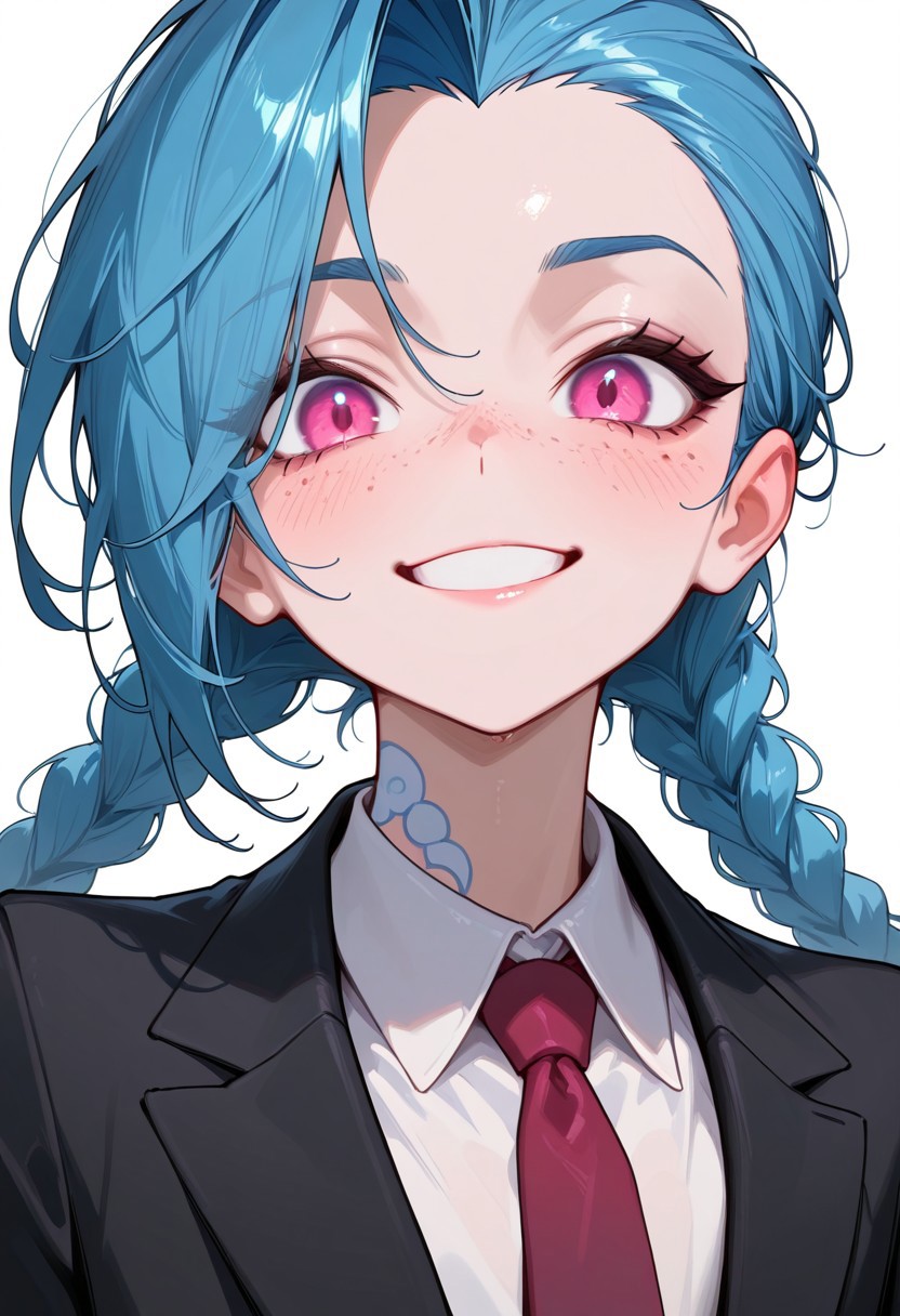 masterpiece, best quality, amazing quality, very aesthetic, absurdres, 1girl, solo, LP_jinx, blue hair, twin braids, pink eyes, tattoo, freckles, flat chest, black suit, formal suit, red tie, white shirt, happy, looking at viewer, portrait, simple background, white background, blush, upper body, centered,