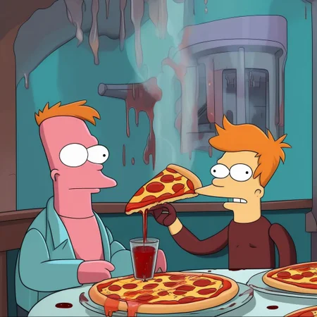 best quality, a Scruffy Scruffington eating a pizza in the restaurant with Blood <lora:shinyunbok_cute_lora:1> ((futurama style)), blood, dripping, dripping blood, wte artstyle